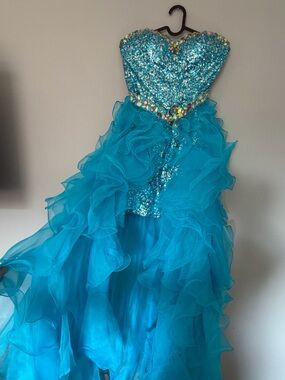 Strapless Aqua Blue Ruffled Sequin Prom Dress